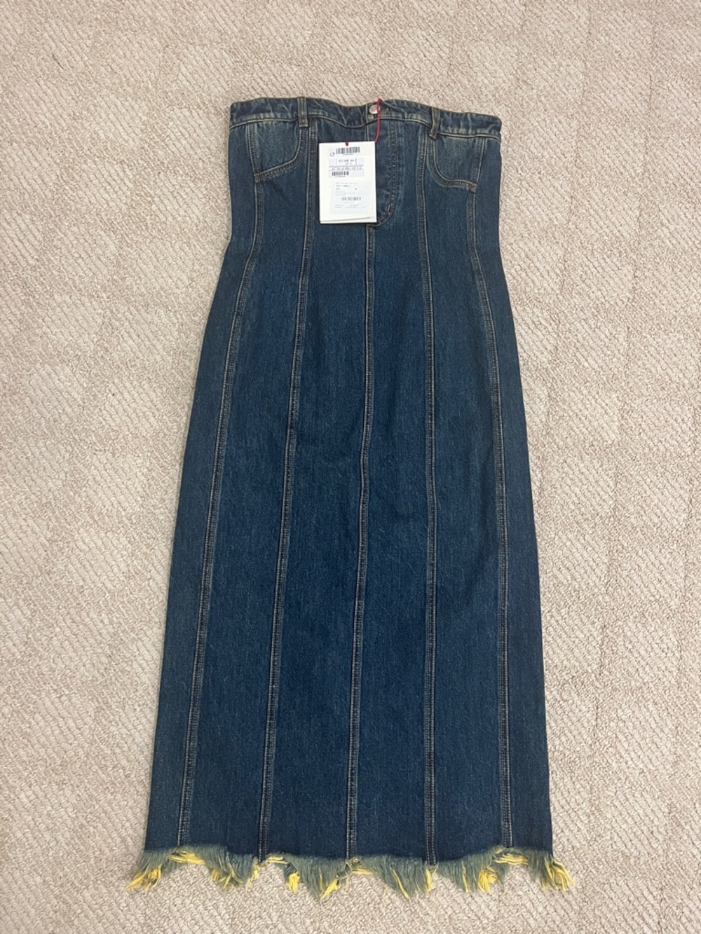 New Denim Panel Midi dress with Frayed Yellow Trim